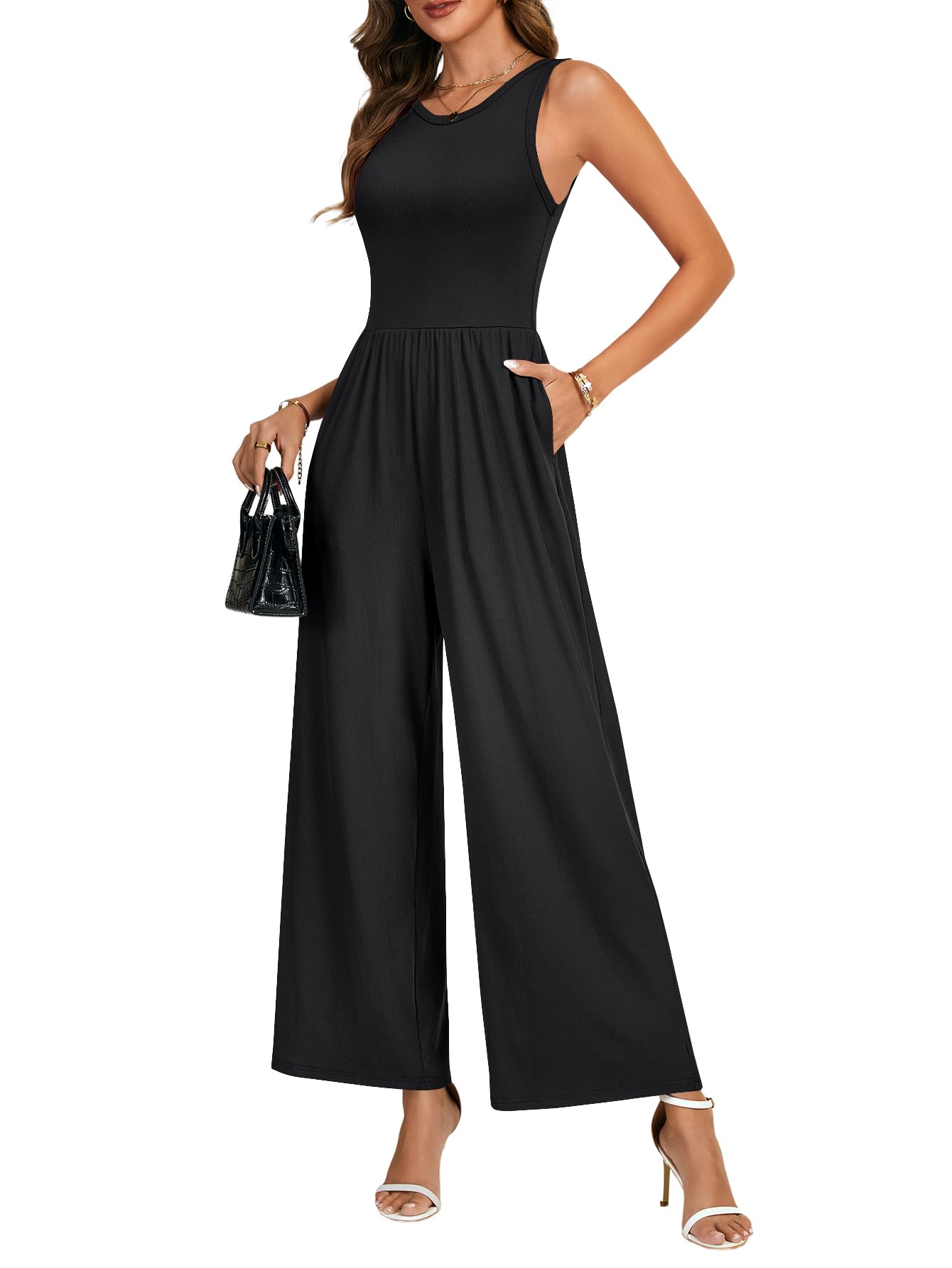 kifoven Women's Loose Jumpsuits One Piece Round Neck Sleeveless Wide Leg Overalls With Pockets-picture-16