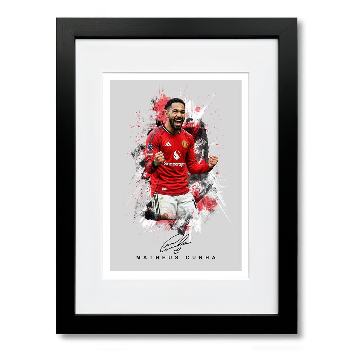Mounted Gifts Trading A4 Framed & Mounted Grey Matheus Cunha Manchester United Signed Photo Poster Print Picture Display Framed Autograph Memorabilia For Football Fans Gift Man Utd Brazil (A4 Framed & Mounted Grey)