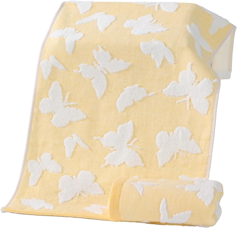 Yellow Hand Towel Set of 2 White Terry Side & Butterfly Jacquard Side Super Soft 100% Cotton Towels Quick Dry Ultra Absorbent Decorative Hand Towel for Bathroom 13 x 29 Inch