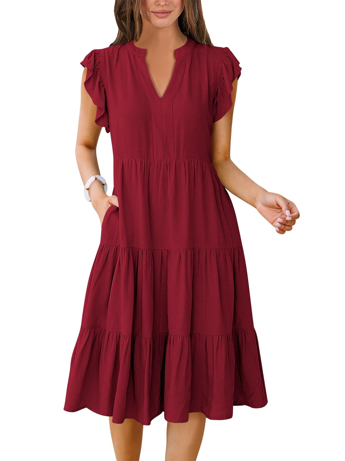 ANRABESS Womens Summer Dress Ruffle Sleeve V Neck Midi Dresses Fashion Casual Fit Flowy Tiered Boho Beach Vacation Sundress