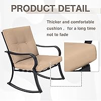 Vista 4 de Mecedoras para exteriores de 3 piezas, juego de muebles de bistró para patio, 2 sillas mecedoras de acero negro con cojín y mesa de centro de Marrón