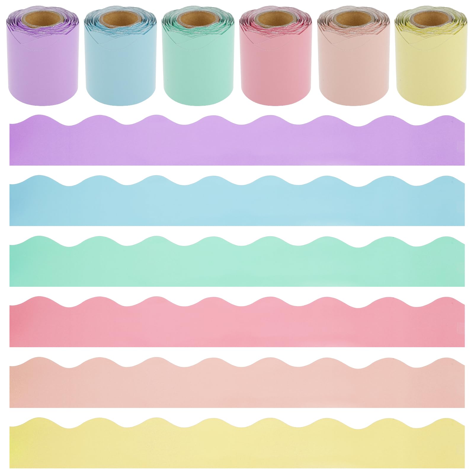 Bulletin Board Borders 6 Rolls 196.8 Ft - Colourful Scalloped Display Border Trim, Waterproof Backing Paper for Classroom Display Boards Offices Home Decorations, Pastel Non-Adhesive