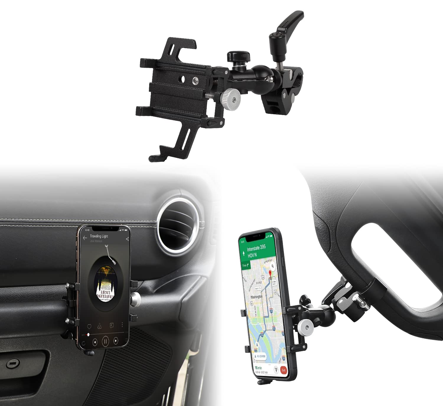 Voodonala Universal Phone Holder Mount A-Pillar Handle Adjustable Phone Holder for 2007-2021 Jeep Wrangler JK JKU JL JLU JT Ford 150,Matt Black