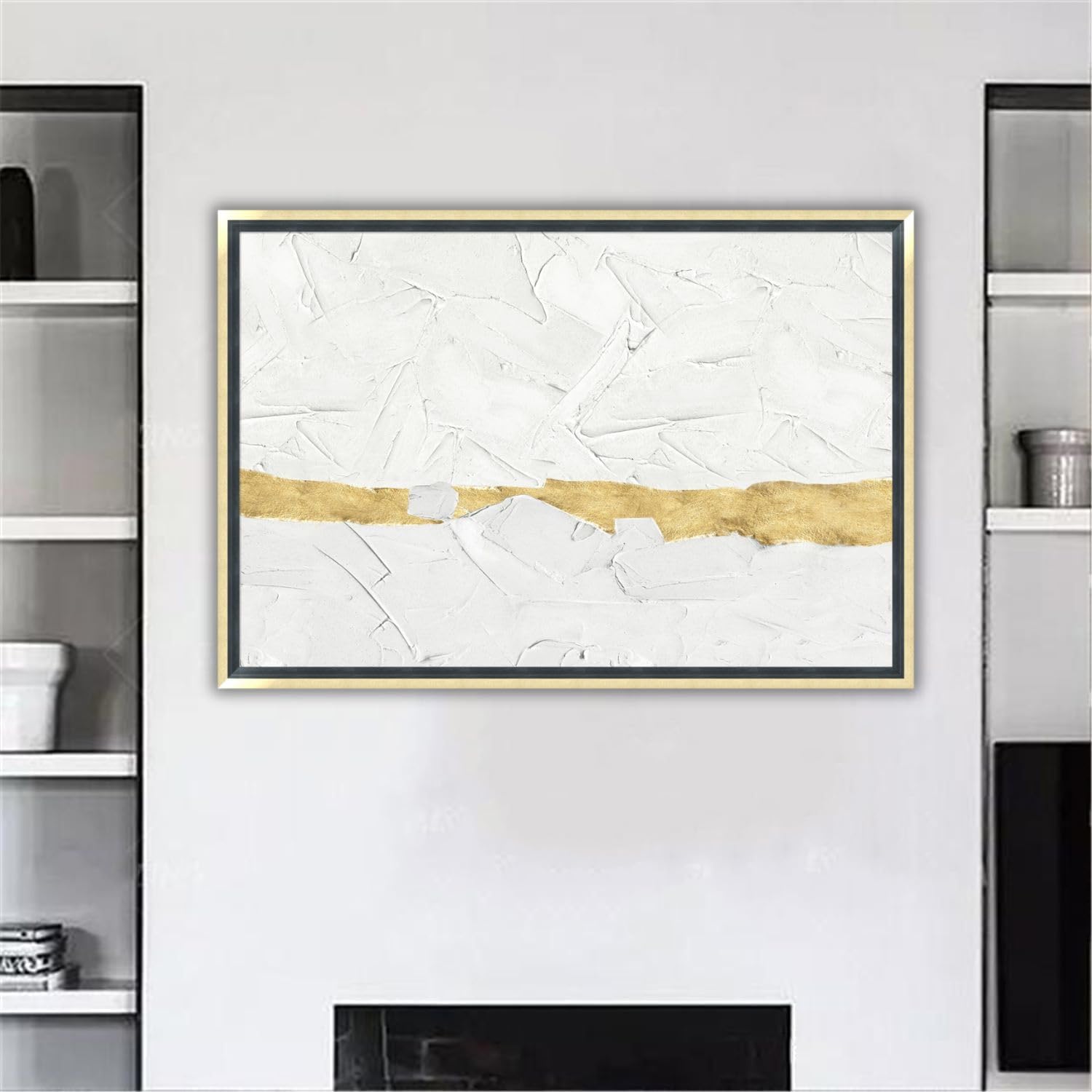 Framed Wall Art Canvas Abstract Art Paintings White and Gold Minimalist Canvas Painting Living Room Decor for Bedroom Office Wall Decor 16"x24"