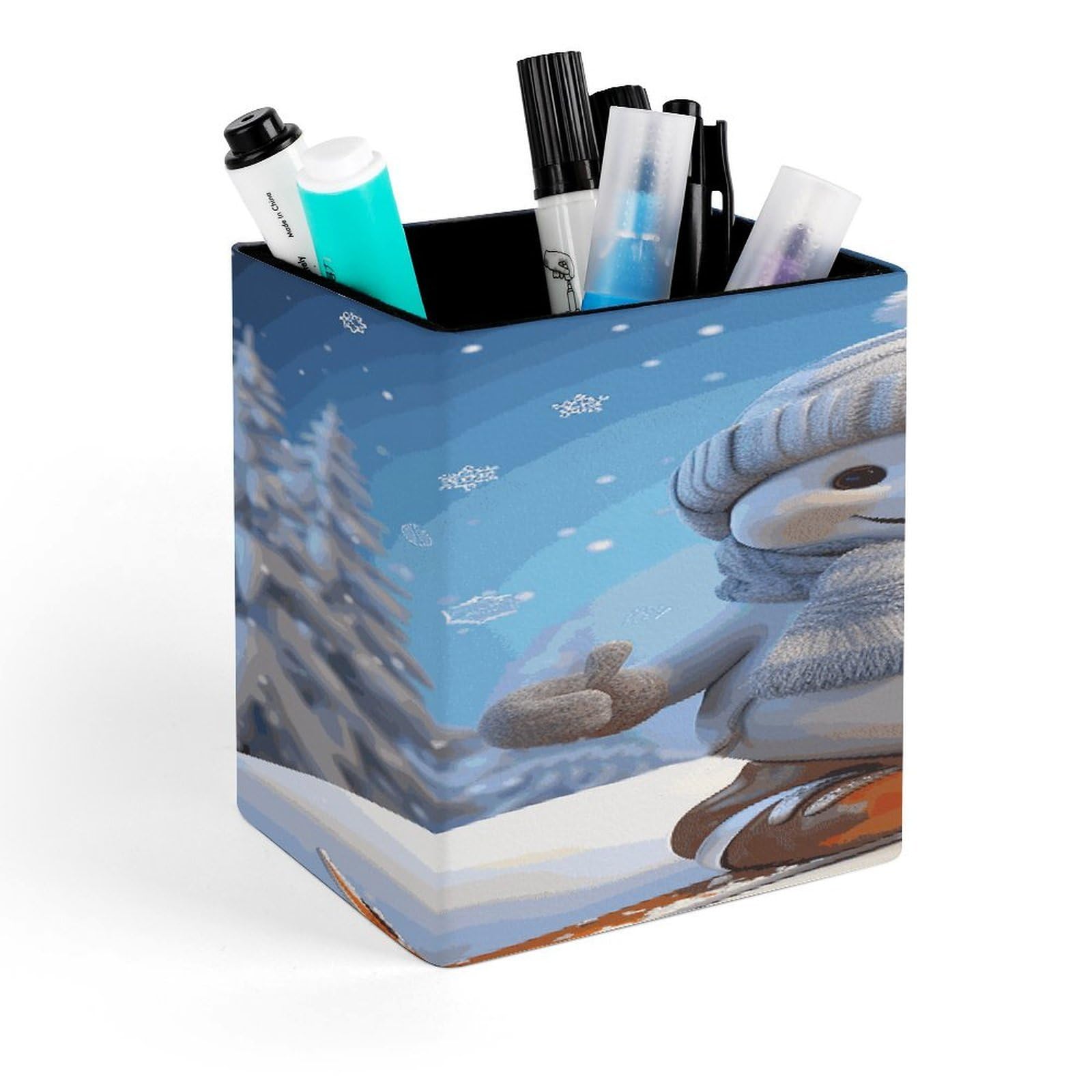 MUSM Cute Snowboard Snowman Pen Holder Square PU Leather Desktop Organizer And Makeup Brush Holder Storage Box Modern Design Stationery Organizer for Office Desk Accessory