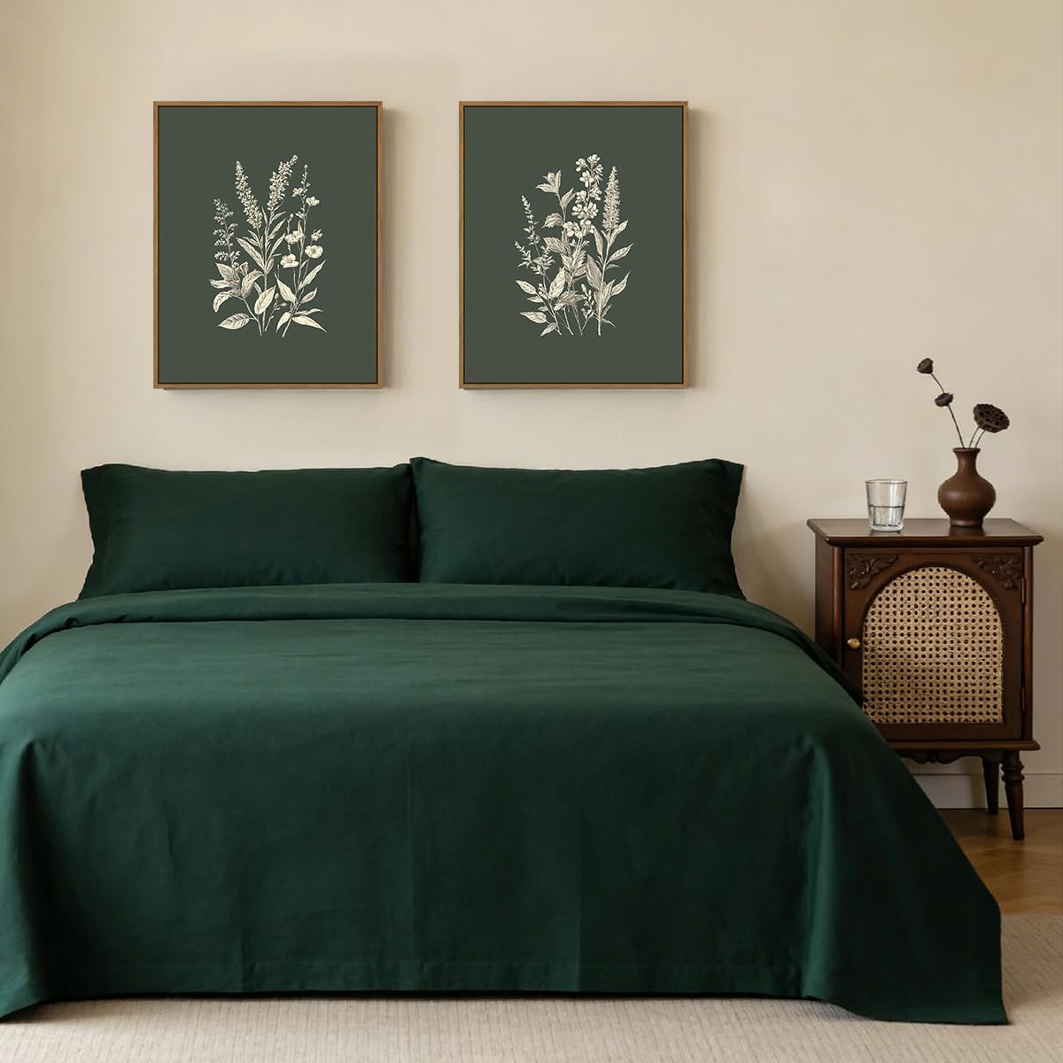 QTESPEII 2 Piece Botanical Flower Wall Art Dark Green Vintage Herb Plants Canvas Art Prints Minimalist Floral Wall Decor Framed Artwork for Girls Room Bedroom Farmhouse Kitchen Decoration - 11x14 Inch