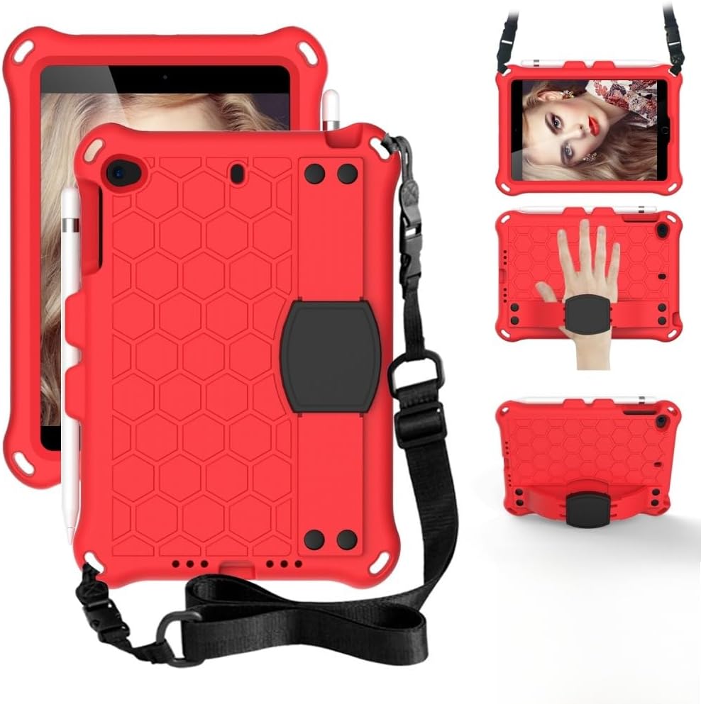Case for iPad Mini 5 2019 / iPad Mini 4 (7.9 Inch),Full Body Protective Rugged EVA Cover with Kickstand/Handle/Shoulder Strap,Shockproof Honeycomb Lightweight Kids Case (Red+Black)