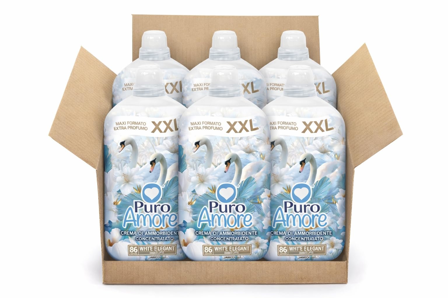 Puro Amore crema di ammorbidente concentrato bianco latte – profumo intenso e raffinato – maxi formato XXL – 86 lavaggi per bottiglia – extra profumo – formato convenienza 3 o 6 bottiglie (6)