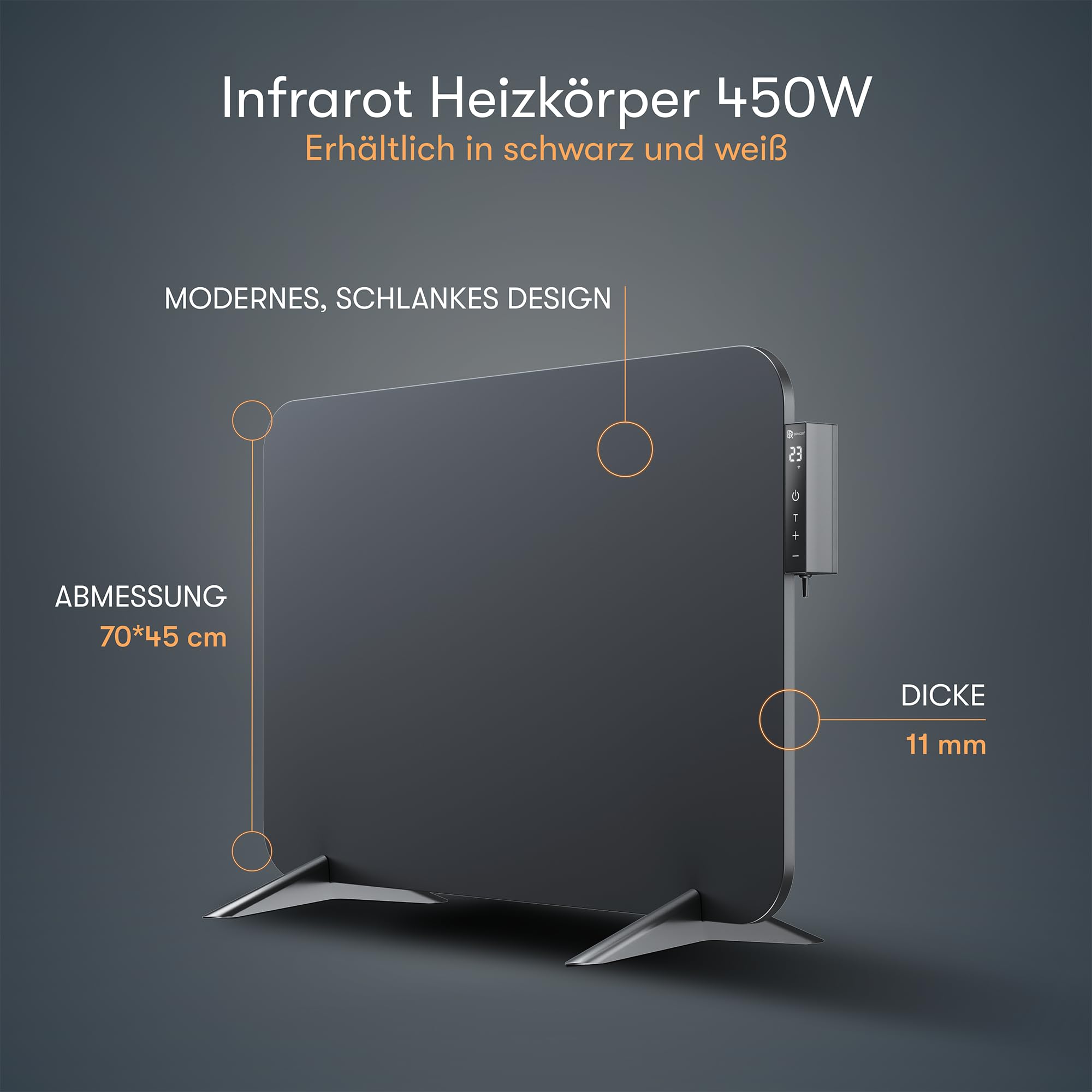 BR Bringer radiatore elettrico a infrarossi 450 watt con termostato intelligente e telecomando, WIFI e app - per montaggio a parete o utilizzo mobile, risparmio energetico (nero)