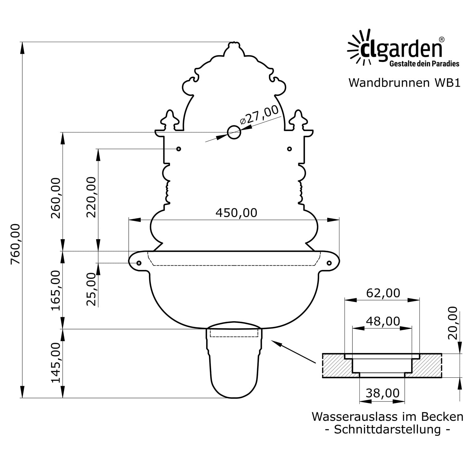 CLGarden Wandbrunnen von CLGarden WB1 im nostalgischen Design Gartenbrunnen Wasserzapfstelle mit Waschbecken