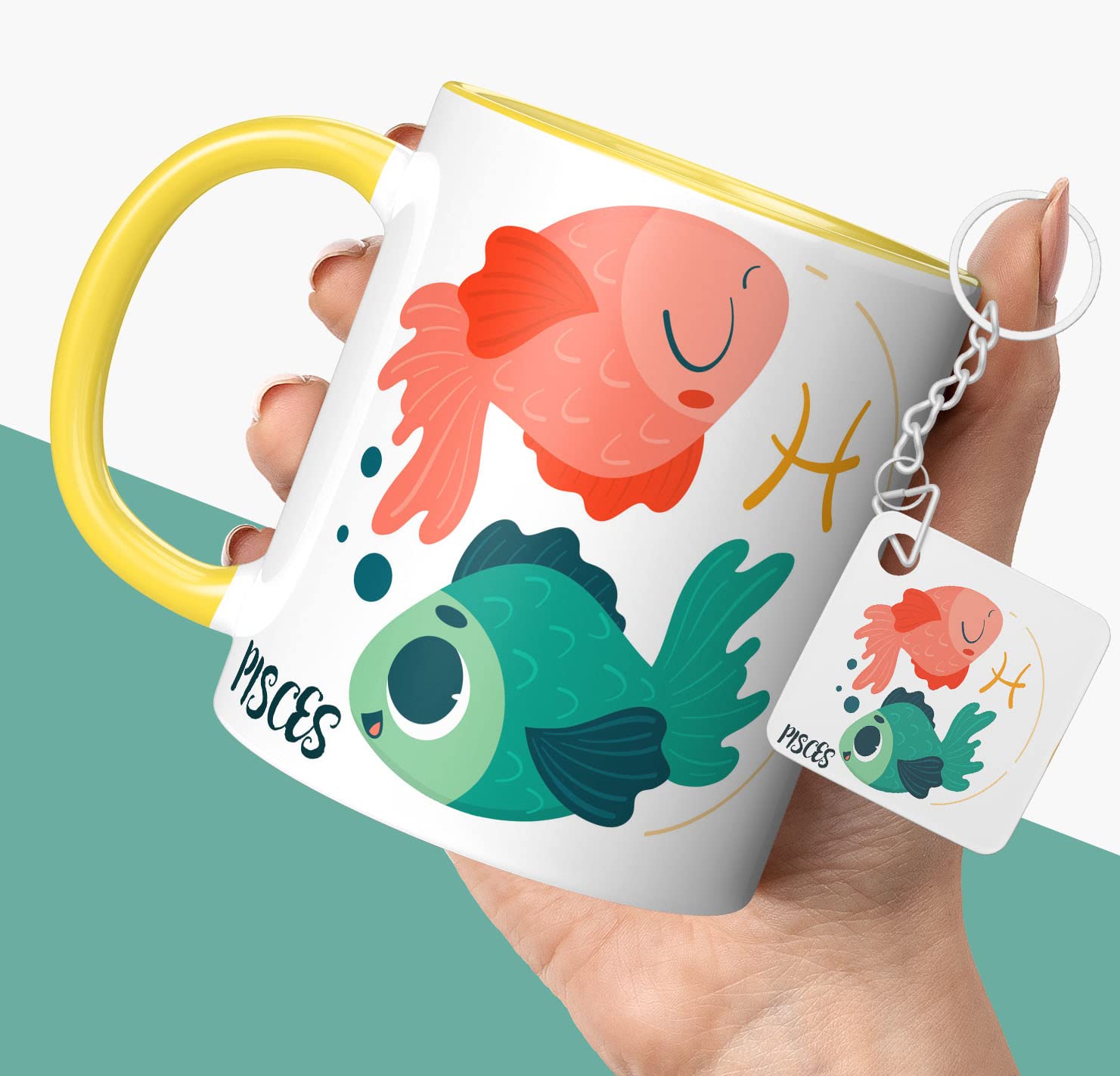 NH10 DESIGNS Zodiac Sign Pisces Printed Coffee Mug with Keychain Unique Gift Mug For Men, Women, Sister, Mother, Daughter, Father, February & March Horoscope Birthday Gift, Pack of 2 (Microwave Safe Ceramic Tea Coffee Mug-350ml) (ZDMK1 140)