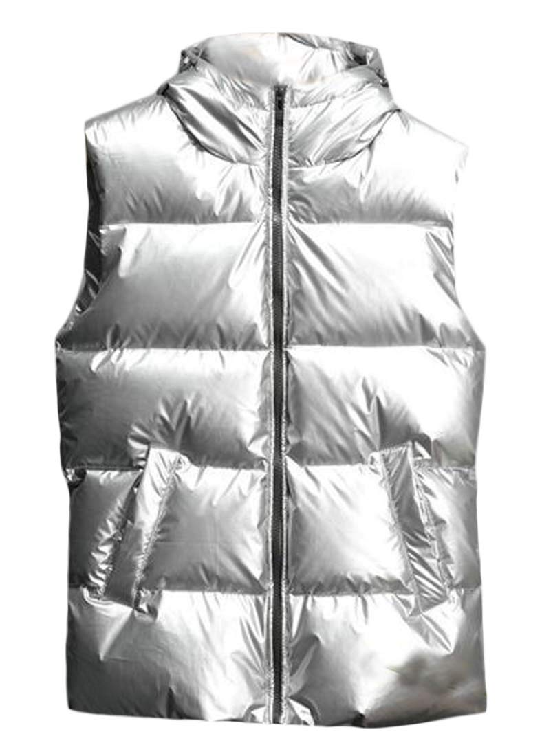 Winter Quilted Vest Hooded Metallic Silver Down Puffer Vests Waistcoats 1 L