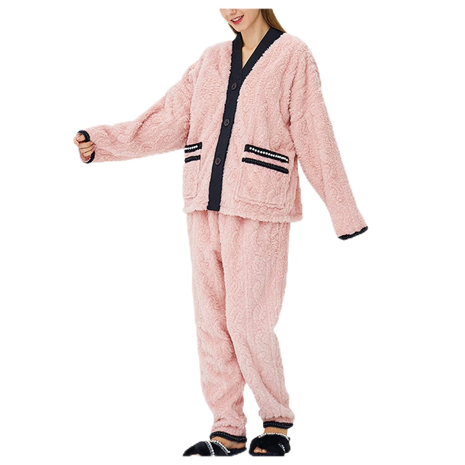 Pigiama da donna, lungo, caldo, in pile, morbido, invernale, elegante, per il tempo libero, biancheria intima termica, 2 pezzi, pigiama con top e pantaloni in flanella