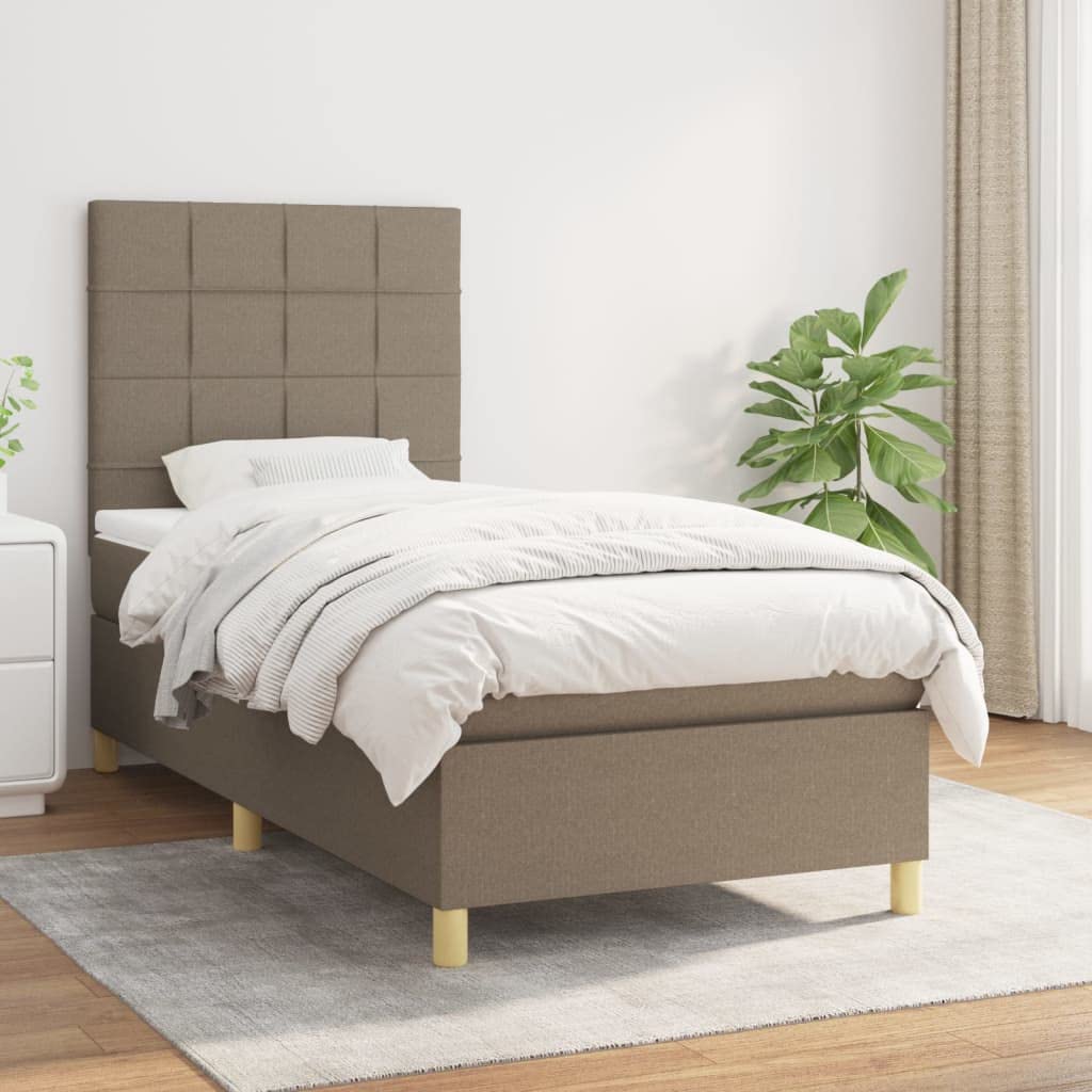 Łóżko kontynentalne z materacem, kolor taupe 90 x 200 cm, obicie materiałowe, zagłówek z regulacją wysokości, rdzeń sprężynowy kieszeniowy, zapewnia spokojny sen