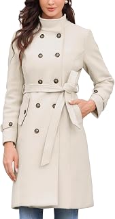 Allegra K Women's Stand Collar Double Breasted Pea Coat Trench Long Winter Coat with Belt 2025