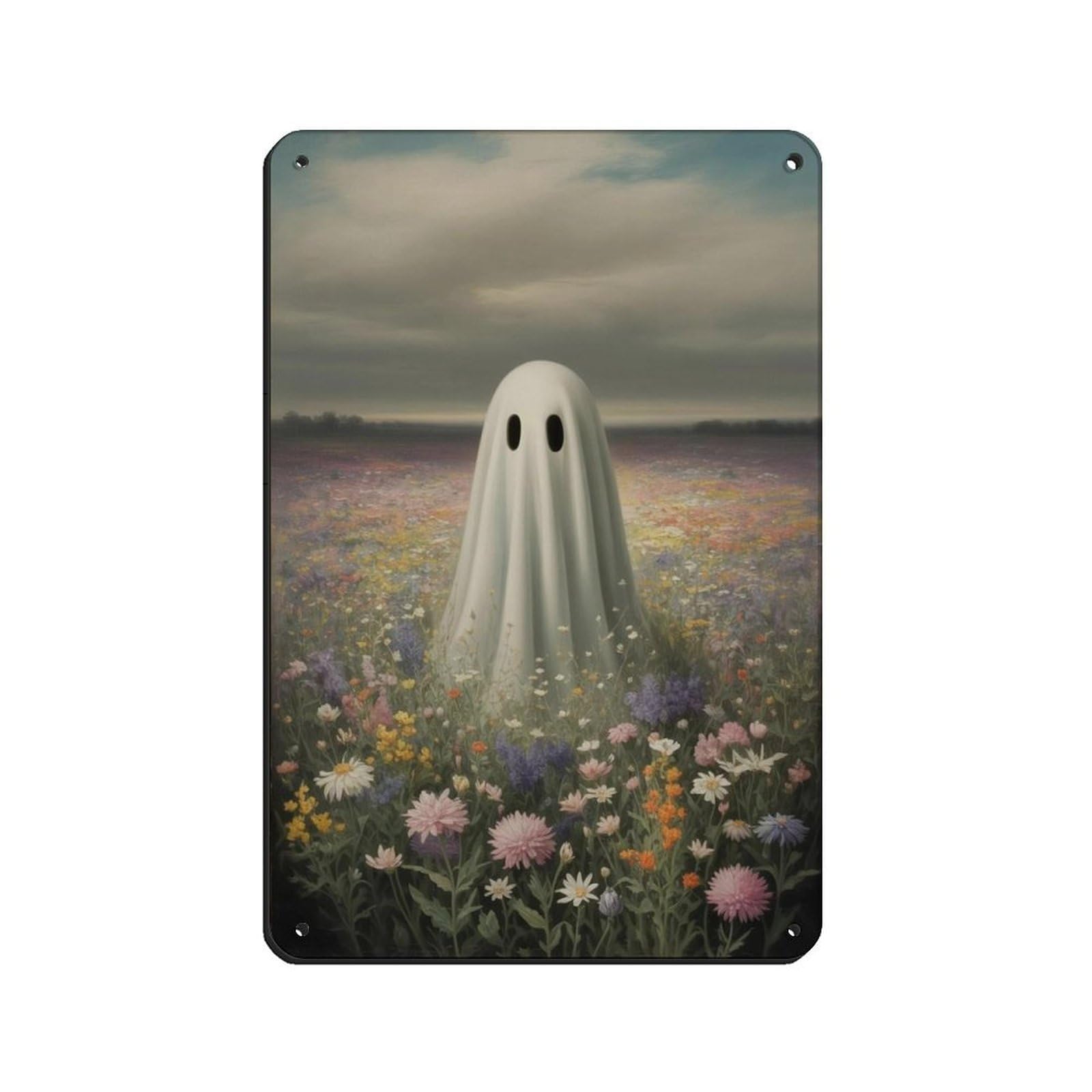 Ghost in The Wildflower,Cute Ghost Poster Retro Poster Metal Tin Sign Chic Art Retro Iron Painting Bar People Cave Cafe Family Garage Poster Wall Decoration 8x12inch(20x30cm)