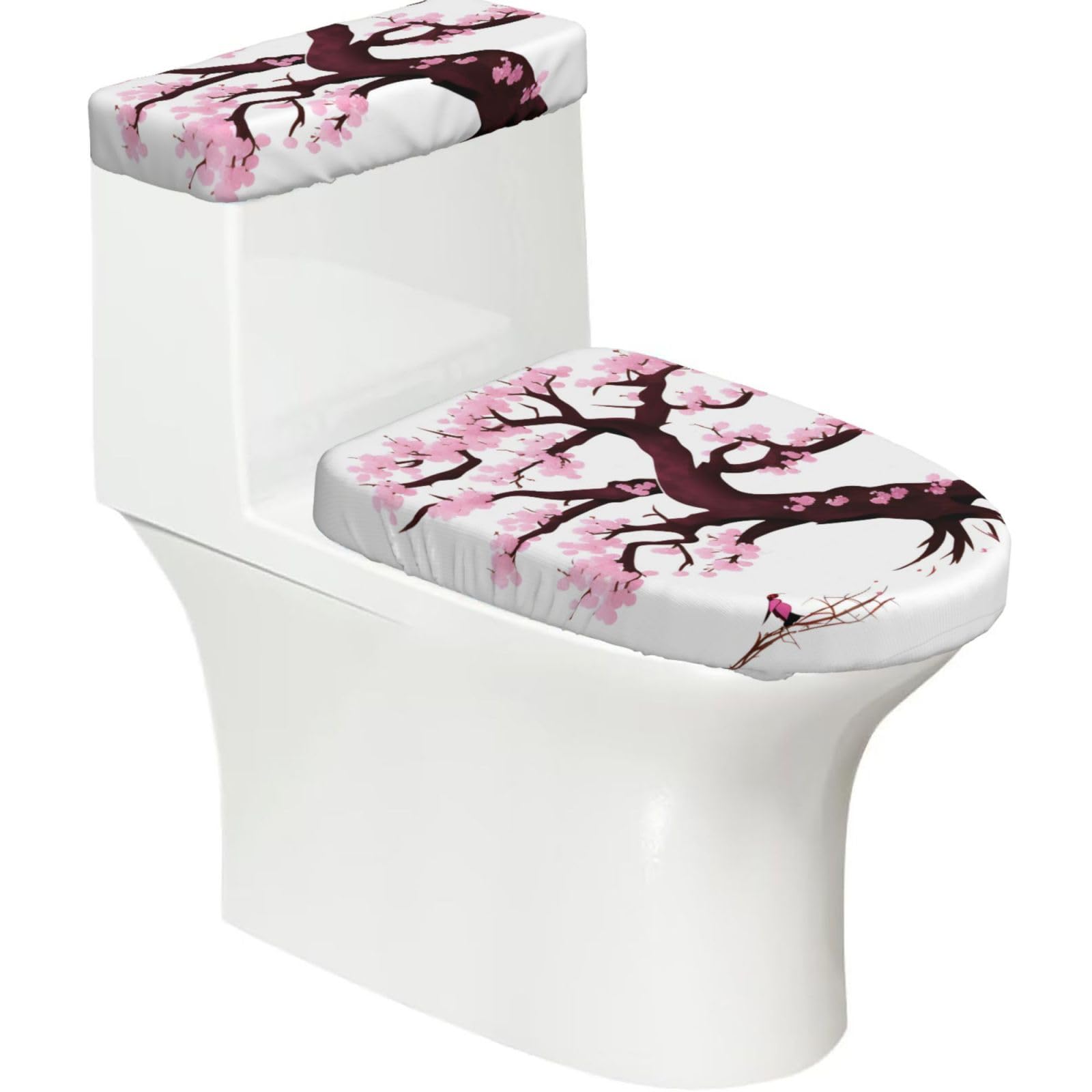 Cntdbu Black Cherry Blossoms Tree Stretchy Toilet Lid And Tank Cover Set-Soft Elastic Bathroom Decor For U Shape Oval