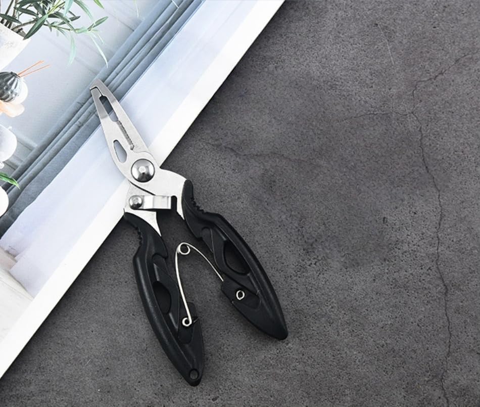 Multi Function Fishing Pliers Anti Slip Grip Spring Action for Hook Removal, Line Cutting and Boat Shore Use, Black