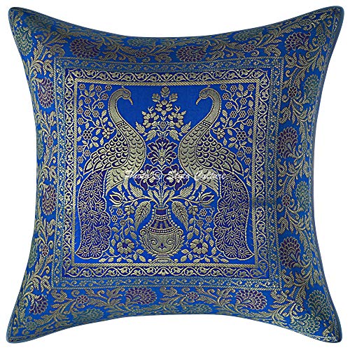 Image of Decorative Brocade Cushion Covers 16x16 Inch Banarasi Jacquard Weave Turquoise & Gold Living Room Peacock Festive Decor Square 40x40 cm Zippered Sofa Settee Pillowcases -Set of 2 Pcs