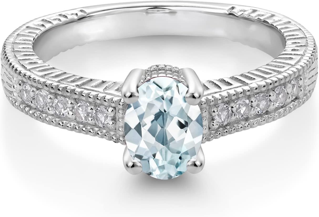 Gem Stone King 925 Sterling Silver Sky Blue Aquamarine and White Topaz Women Engagement Ring (0.95 Ct Oval)