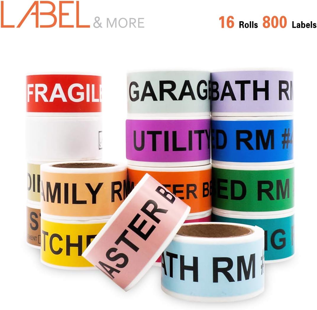 Home Moving Labels Box and Packing Labels for Moving 1"x4.5" Color Coded Moving Sticker, Including 14 Different Room Types + 1 Fragile Stickers + 1 Blank White[16 Rolls,800 Labels]LABEL&MORE