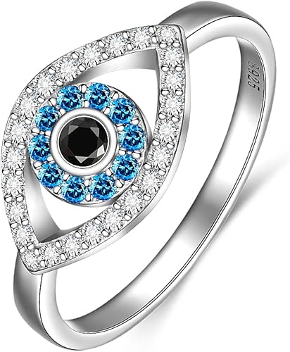 Anillo de ojo turco espiritual con protección contra el mal de ojo de plata de ley con zafiro azul para mujer, amuleto griego Nazar, talla 6-10