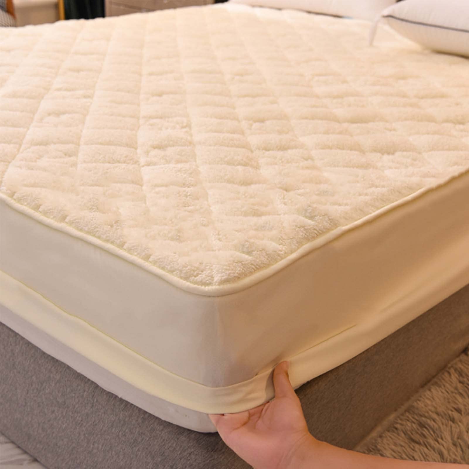 YUDEYU Gesteppt Tagesdecke Dicker Stoff Spannbettlaken Warm halten rutschfest Fest Matratzenschoner Topper Spannbetttücher Bettlaken (Farbe : Beige, Größe : 140x200cm/High 3-27cm) Küche, Haushalt & Wohnen