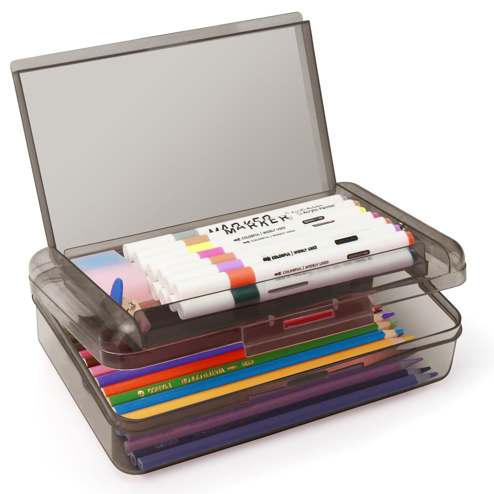 Double Layer Large Capacity Pencil Box,Plastic Translucent Pencil Box, Hard Pencil Cases with Snap-Tight Lid for Pens, Pencils, School Supplies,Office Supplies, Medium-sized,1 Pack