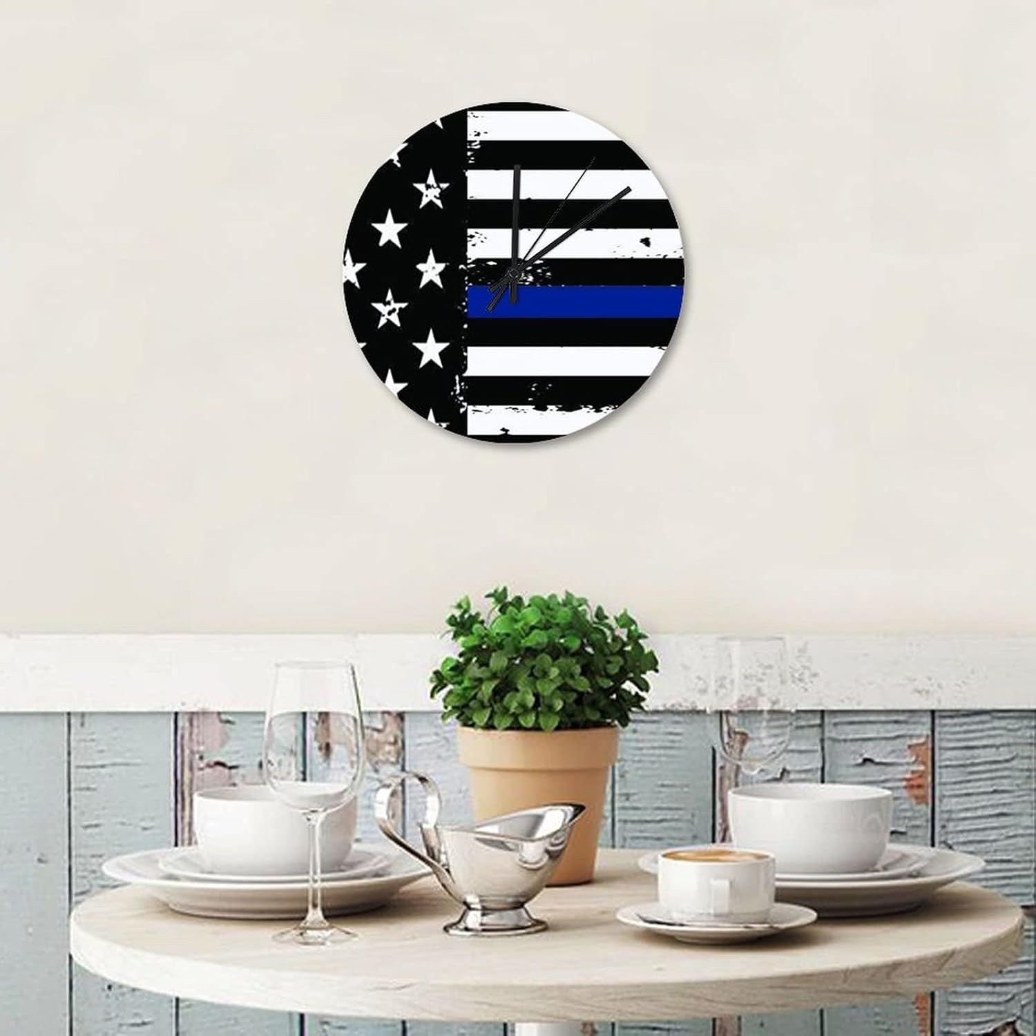 Retro Vintage Thin Blue Line Black American Flag Wood Clock 12 Inch, Honoring Our Men and Women of Law Enforcement Vintage Wall Clock Non Ticking Round Clock for Kitchen Dining Room