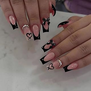 24pcs Heart Press on Nails Medium Coffin Black French Tip Fake Nails with Bow Charms Rhinestones Designs Glossy Nude Reusable Black Heart False Nails Press ons Acrylic Nail for Women