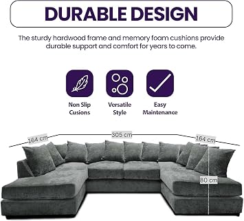 U Shaped Couch - Modern Chenille Fabric 6 Seater - Sectional Sleeper Sofa - Sectional Corner Suites with Moveable Chaise - Modular Sofas and Couches for Living Room Indoors (Grey, Scatter back)