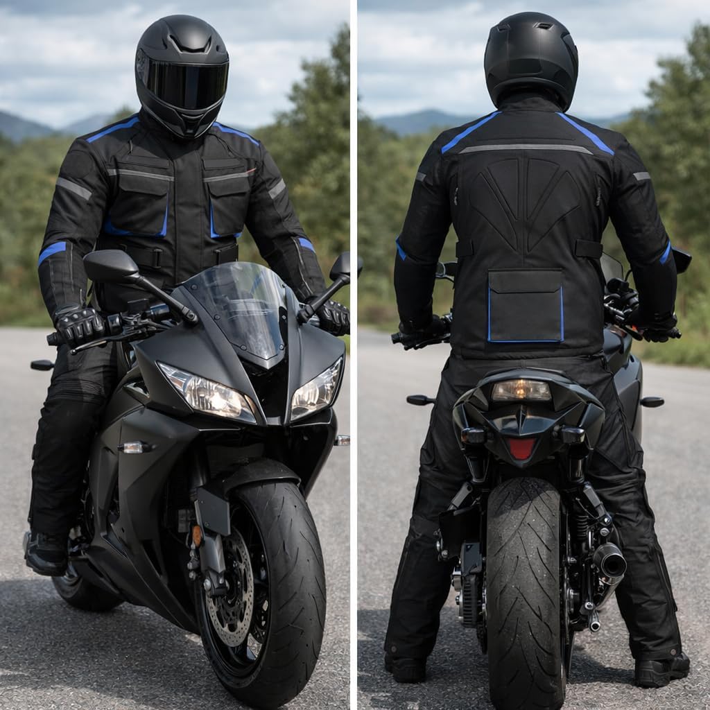Men’s Motorcycle Suit Waterproof CE Armoured Jacket & Pant | All Weather Motorbiker Gear Cordura Fabric Protective Trouser