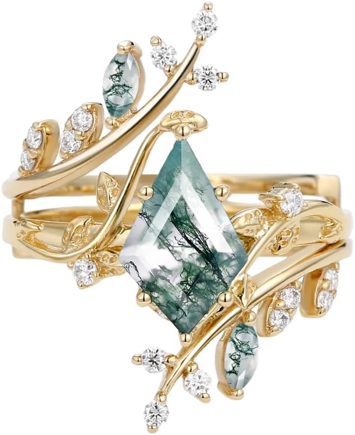 925 Sterling Silver 10K 14K 18K Gold Natural Moss Agate Engagement Ring Sets for Women 1.5CT Kite Cut Leaf Moss Agate Wedding Ring Sets with Moissanite