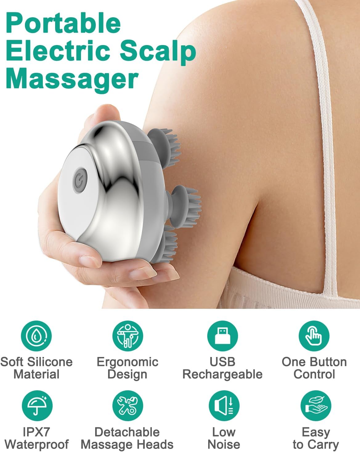 ORIA Electric Scalp Massager, Portable Head Massage Tool, Waterproof Hair Back Massager with Kneading, 4 Removable Claws, 76 Nodes, for Hair Growth, Stress Relax, Deep Clean