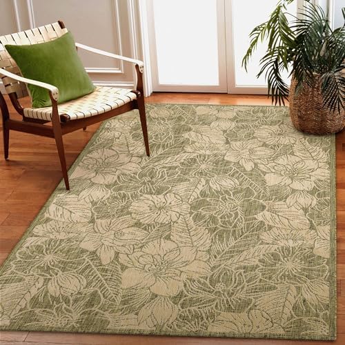 Liora Manne Carmel Indoor/Outdoor Power Loomed Synthetic Blend Low Profile Area Rug - Transitional Botanical Floral Decorative (Botanical Green) (6'6" x 9'4")