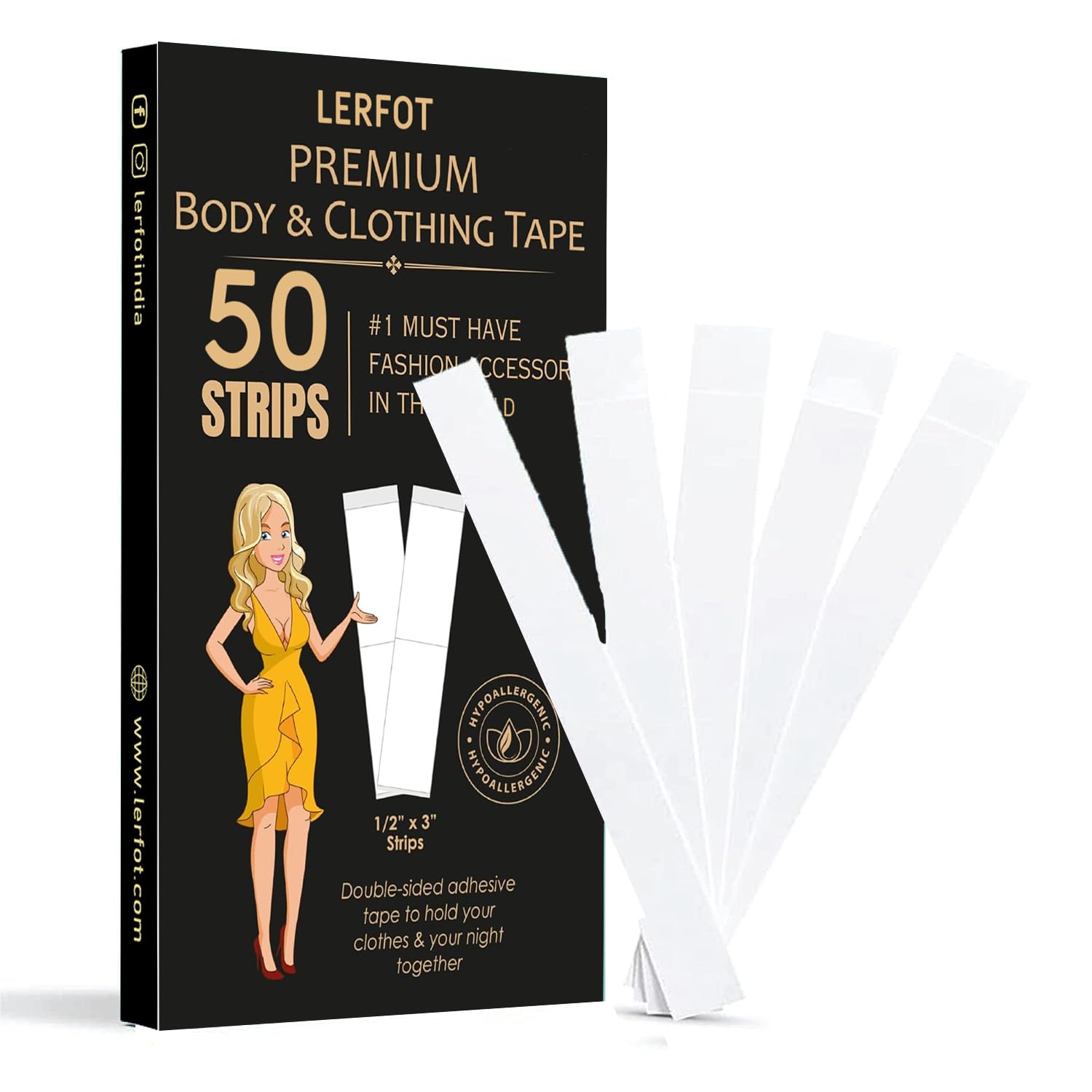 LERFOT 50 Strips Double Sided Clothing Tape for Fashion, Clothes and Body | All Day Strength Invisible Body Tape for women | Gentle to stick on Skin and clothes | Transparent Clear Color | Fashion tape for women clothes (50 Strips)