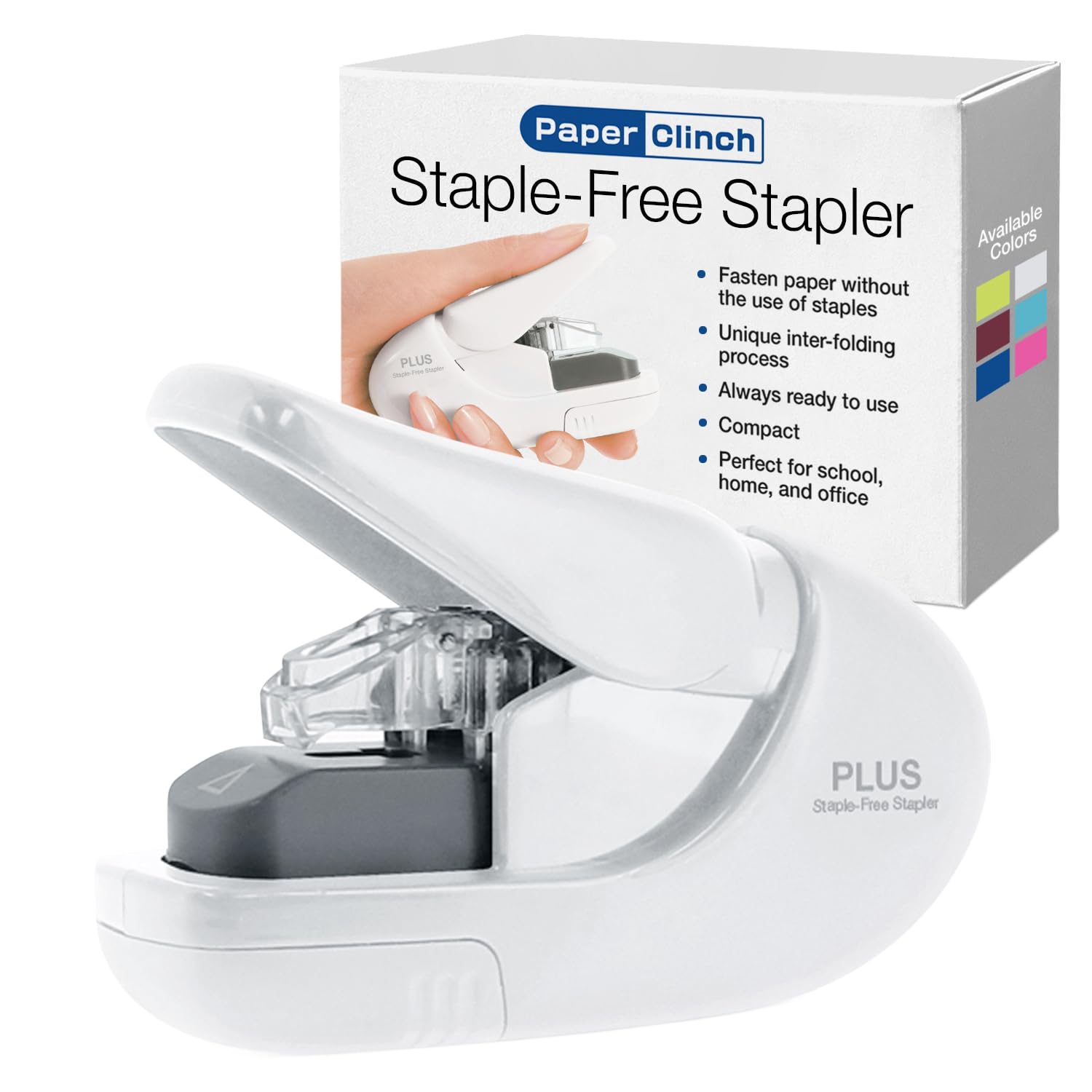 Plus Paper Clinch Compact Staple-Free Stapler, Ivory White Ivory White Hand