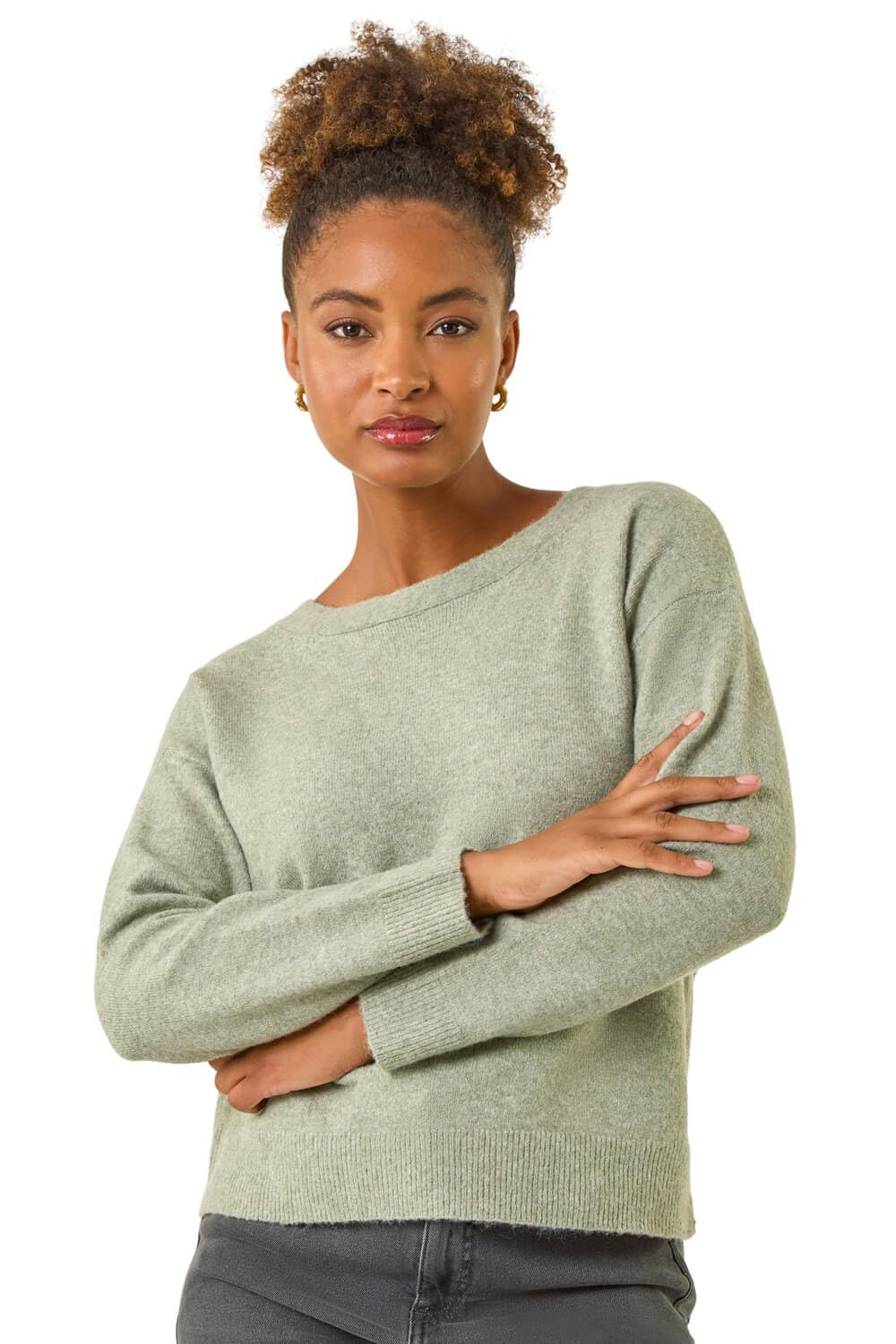 Roman Originals Women's Sage Ribbon Bow Tie Back Jumper For Uk - Everyday Autumn Winter Round Neckline Comfy Soft Evening Vacation Work Party Night Out - Size 14