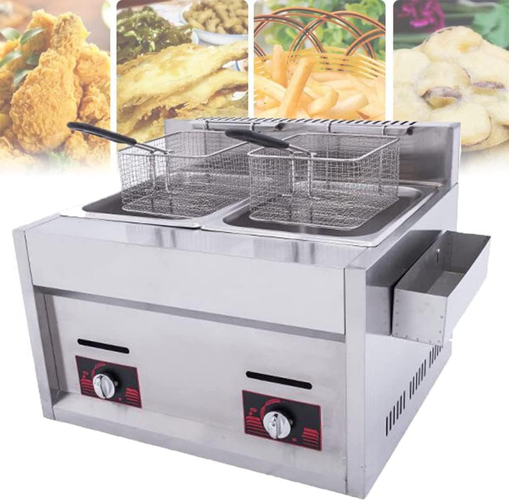 20l Large Capacity Gas Fryer, Domestic and Commercial Stainless Steel Lpg Fryer, Adjustable Fire, with Basket and Lid for Chips Donuts Fish, Easy to Clean,56.5×47.5×43CM