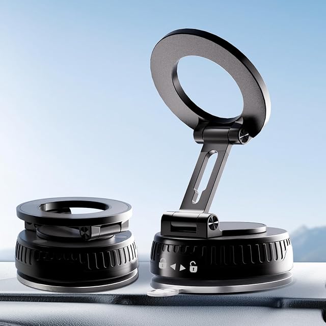 Magnetic Car Mount Vacuum Suction Phone Holder - EndlessAzure N55 Strong Magnet, Metal Foldable Arm, 360° Adjustable for MagSafe, iPhone17 and Other Smartphone