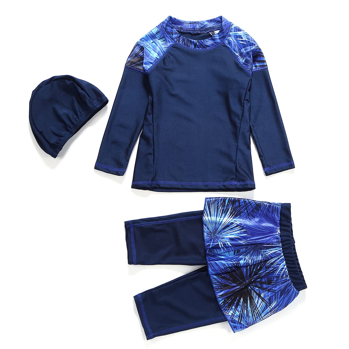 IBTOM CASTLE Kids Girls Modest Swimwear Muslim Swimsuit Burkini Long Sleeves Shirts Short Pants Hijab 3 Pieces Islamic Bathing Suit Beachwear Rash Guard Surfuring Clothes Navy Blue 11-12 Years