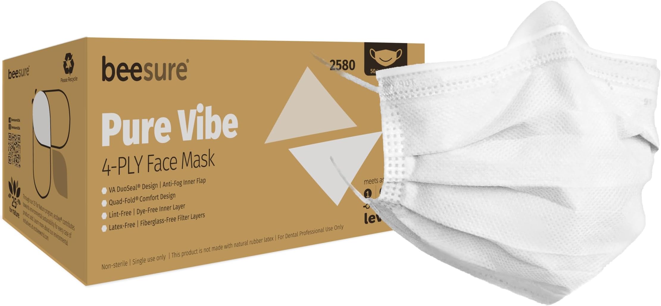 BeeSure BE2580 Pure Vibe Face Mask, White (Box of 50)