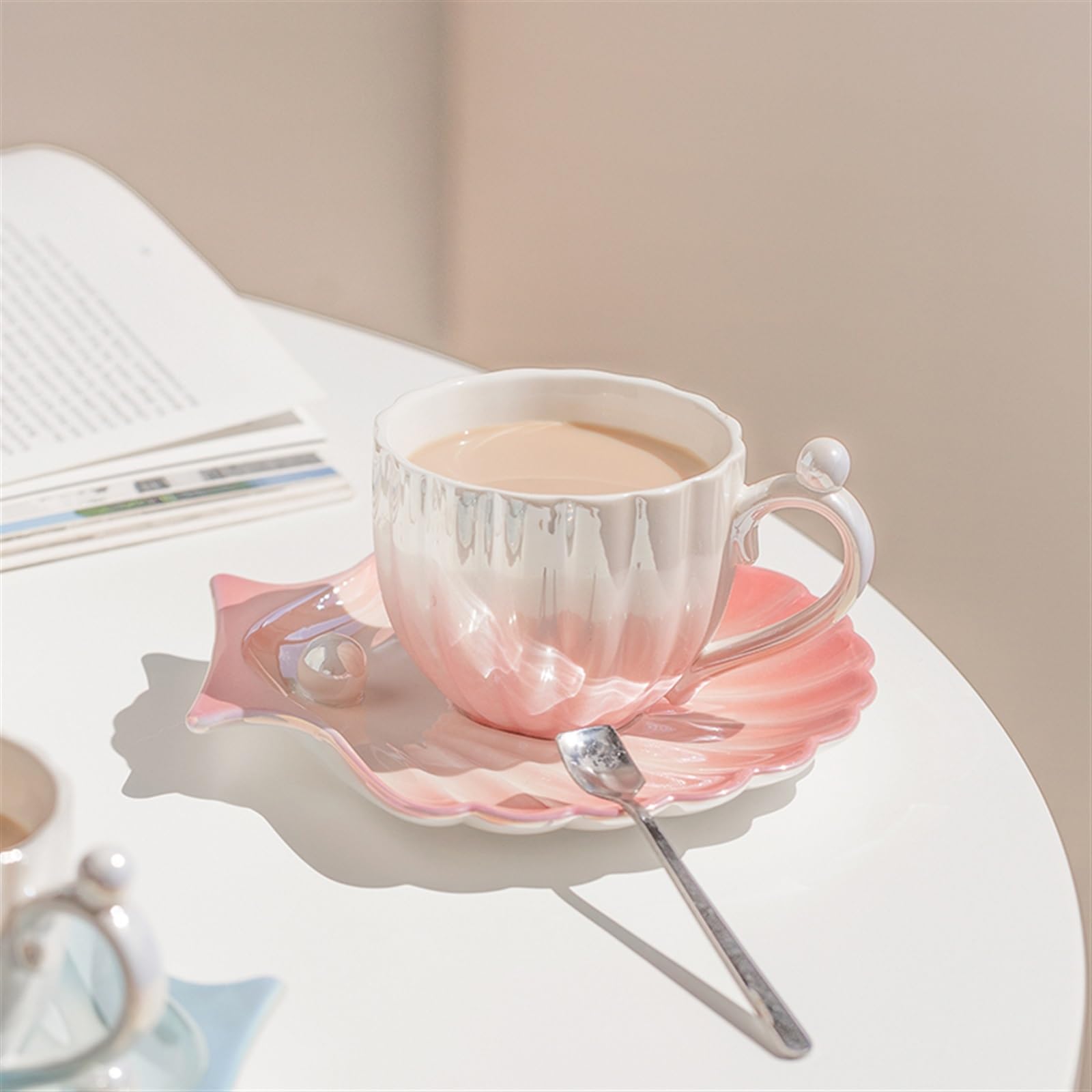 Filiżanki do herbaty 3D Ceramiczna herbata Filiżanka do kawy Pearl Shell Filiżanka na śniadanie dla dziewczyny urodziny Boże Narodzenie mleko(niebieski)