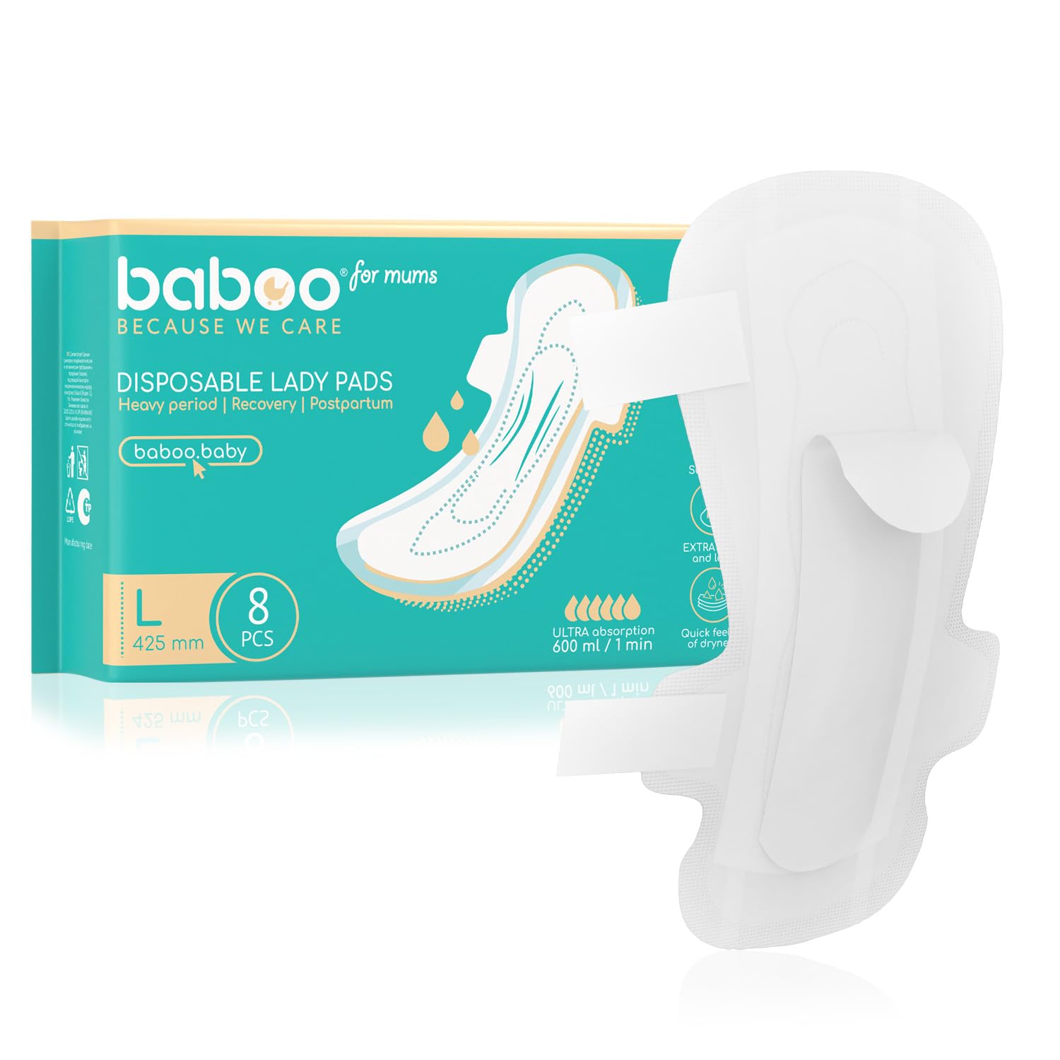 BABOO® Postpartum Maternity Pads – Ultra-Absorbent, Quick-Dry Pads with Wings for After Birth & Heavy Flow, Individually Wrapped, Large, Pack of 8