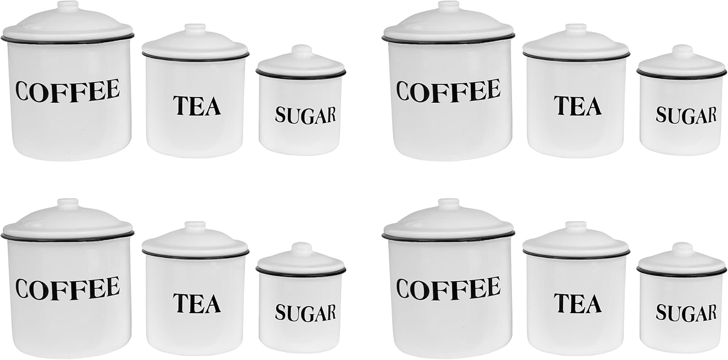 Creative Co-Op Metal Containers with Lids, Coffee, Tea, Sugar (Set of 3 Sizes/Designs)