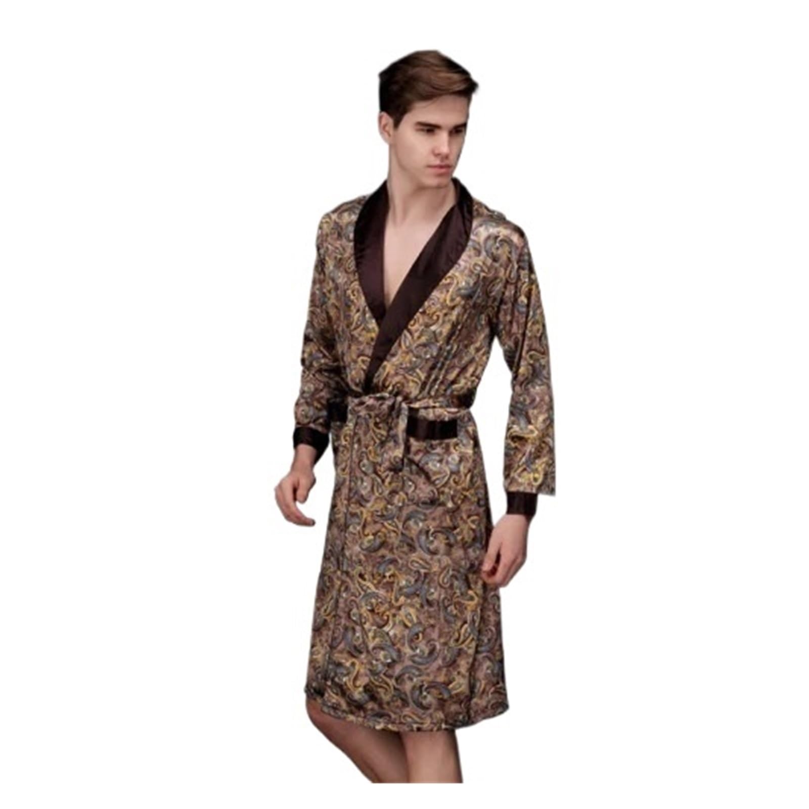 Bata Hombre Seda, Ropa De Dormir De Seda Satinada, Bata De Baño De Verano, Pijama De Manga Larga, Bata De Dormir, Pijama Sleepwar Hombre para SPA (Coffee, XXL)