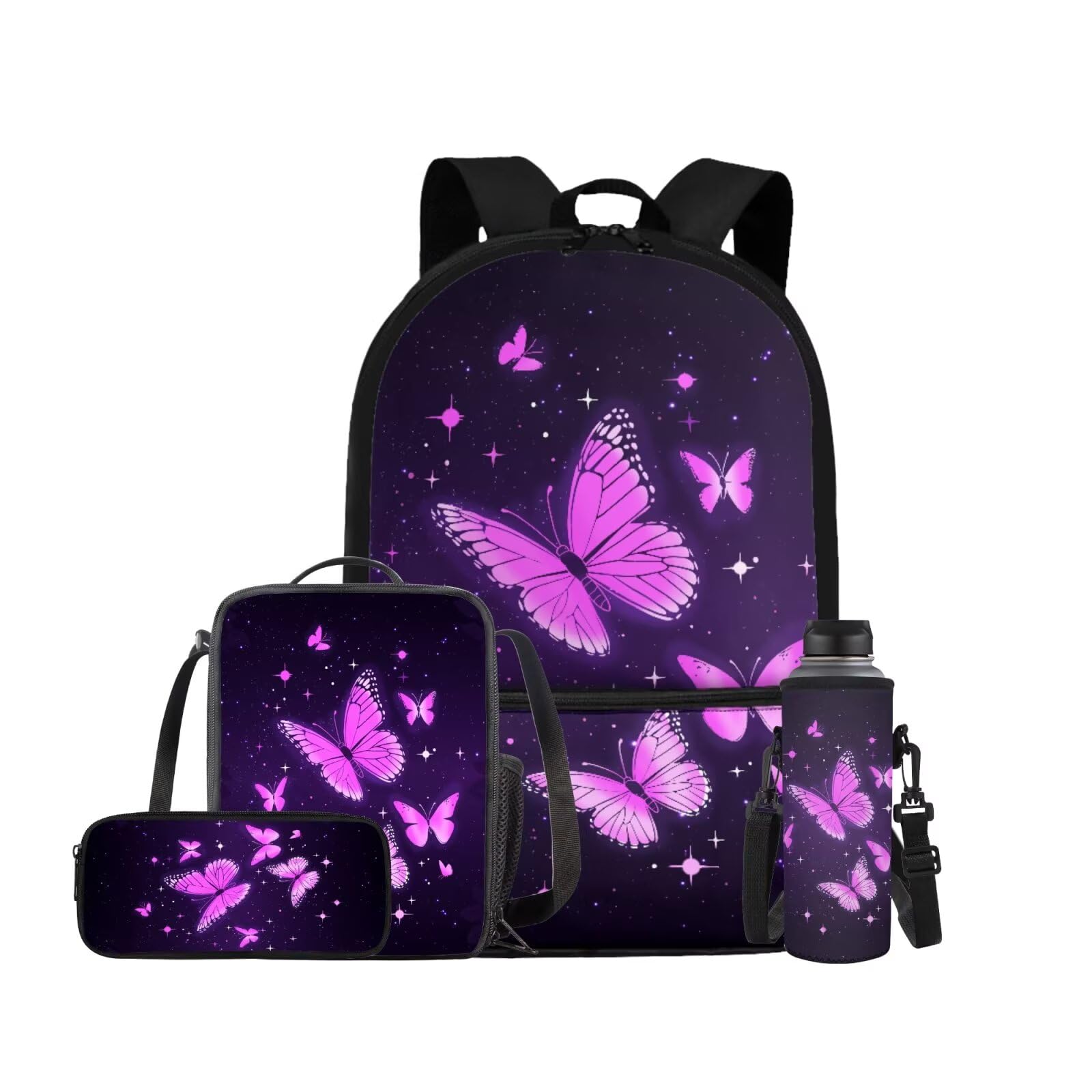ELEDIZI Aesthetic Butterfly Backpack for Girls Kids Backpack with Lunch Box Water Bottle Carrier with Strap and Big Pencil Case 4PCS Set Bookbag with