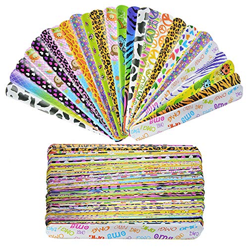 120 PCS Slap Pulseras, PUDSIRN Slap Bracelets Paquete de favores de fiesta Correa de muñeca de fiesta retro para niños Regalos de festivales - 25 Diseño Cover