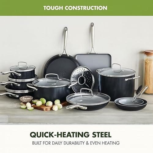 Miniatura 7 de GreenPan Juego de utensilios de cocina Swift antiadherentes de 17 piezas, ollas y sartenes de cerámica sin PFAS con tapas, apto para lavavajillas y