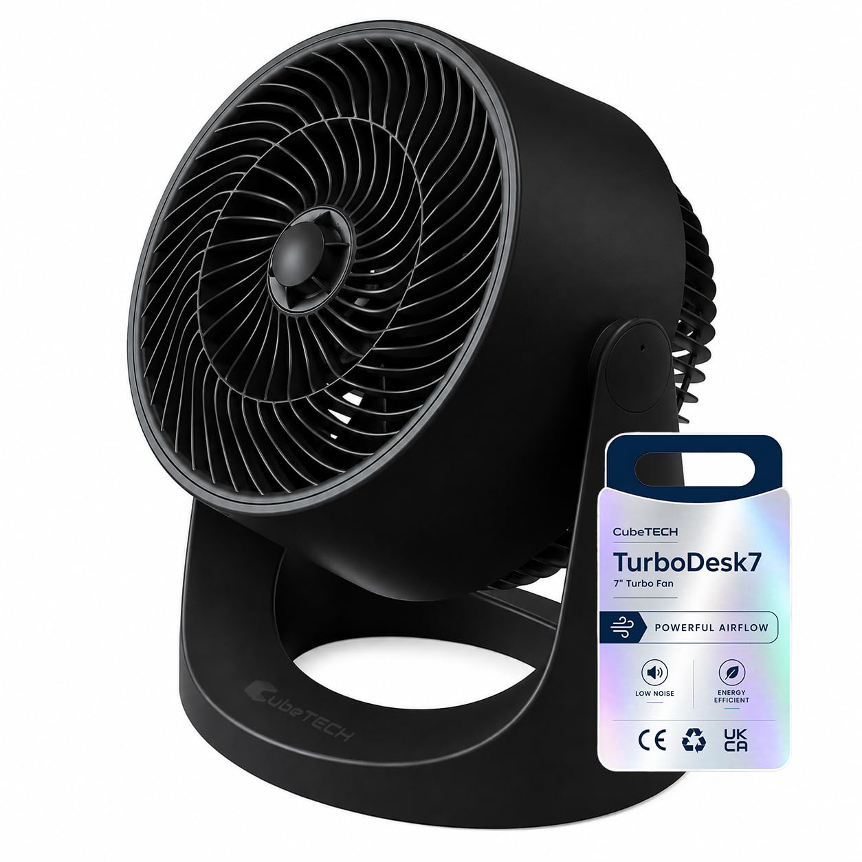 CubeTECH TurboDesk7 7 Inch Air Circulator Fan, Quiet Desk Fan with 3 Speeds, 90° Adjustable Tilt, 35-40W AC Motor, Black, CTDF200-B